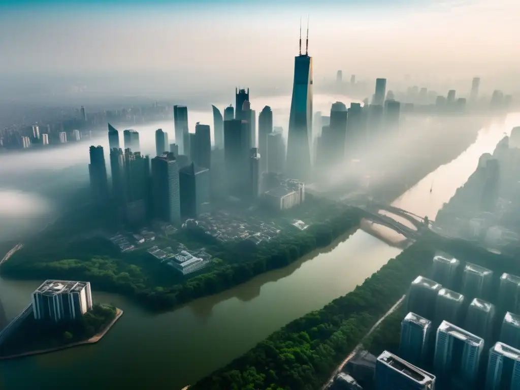 Una ciudad envuelta en smog contrasta con un bosque verde, mostrando el impacto ambiental en la longevidad.