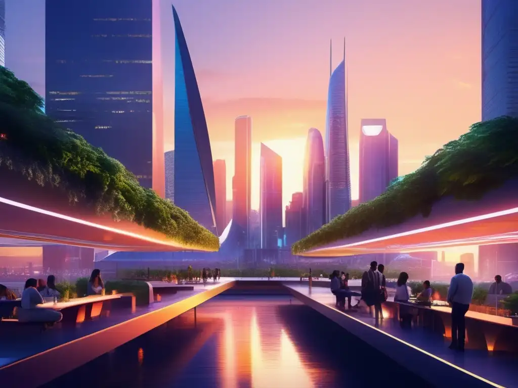 Una ciudad futurista deslumbrante al anochecer, con rascacielos elegantes reflejando la cálida luz del sol poniente. <b>La naturaleza y la tecnología se armonizan en la red de pasarelas elevadas y sistemas de transporte.</b> Personas diversas disfrutan de animadas conversaciones, il