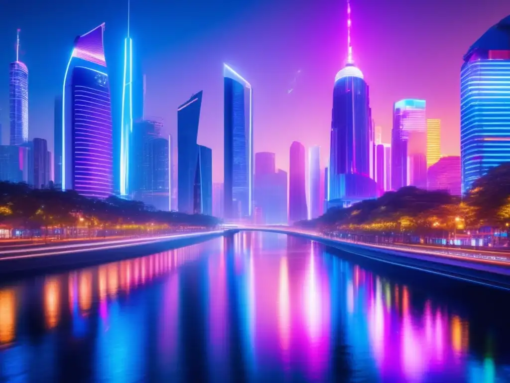 La ciudad futurista brilla con luces de neón, reflejándose en el río. Anuncios holográficos y autos voladores crean un ambiente de avanzada tecnológica e influencia tecnológica en longevidad humana.