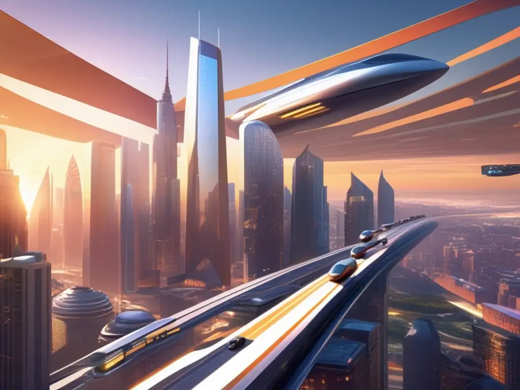 Una ciudad futurista con rascacielos reflectantes, bañada por el sol poniente. <b>Avanzados sistemas de transporte entre edificios.</b> En primer plano, diversos profesionales debaten sobre ética médica en transhumanismo y longevidad.