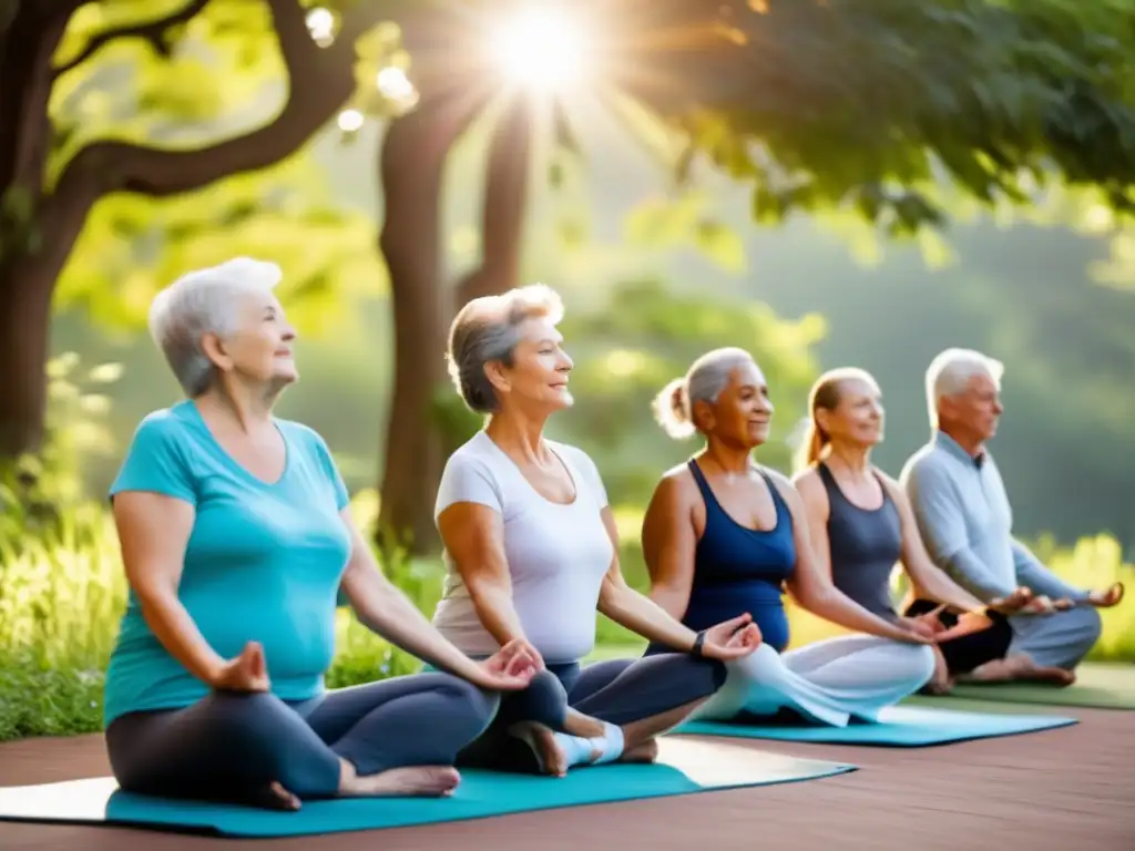 'Clase de yoga al aire libre para la longevidad con conexión a la naturaleza y bienestar'