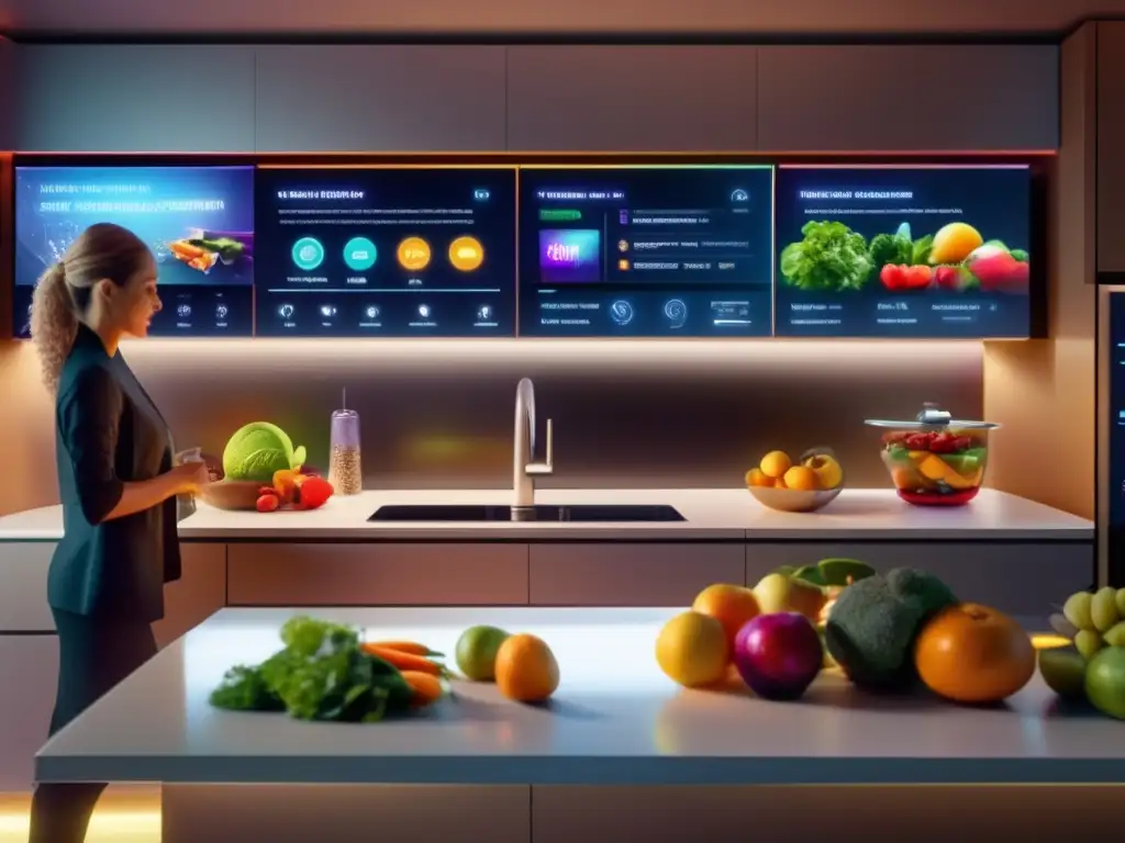 Una cocina futurista con tecnología de vanguardia y nutrición personalizada con IA. <b>La atmósfera es moderna y cálida, con frutas frescas y hologramas.