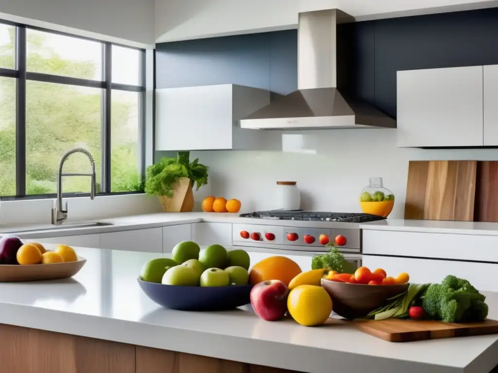 Una cocina moderna con encimeras blancas elegantes, electrodomésticos de acero inoxidable y grandes ventanas que inundan el espacio con luz natural. Un tazón de frutas frescas y vibrantes descansa en la encimera junto a una tabla de cortar con verduras picadas y coloridas. Las líneas lim