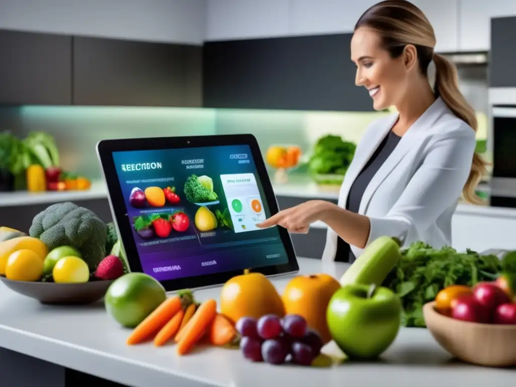 Una cocina moderna con frutas, verduras y tecnología. <b>Una nutricionista muestra recomendaciones personalizadas en una tablet mientras la cliente observa con curiosidad y determinación.</b> Atmosfera innovadora y cuidado personalizado para 'innovaciones tecnológicas en nutrición personalizada para longevidad'.