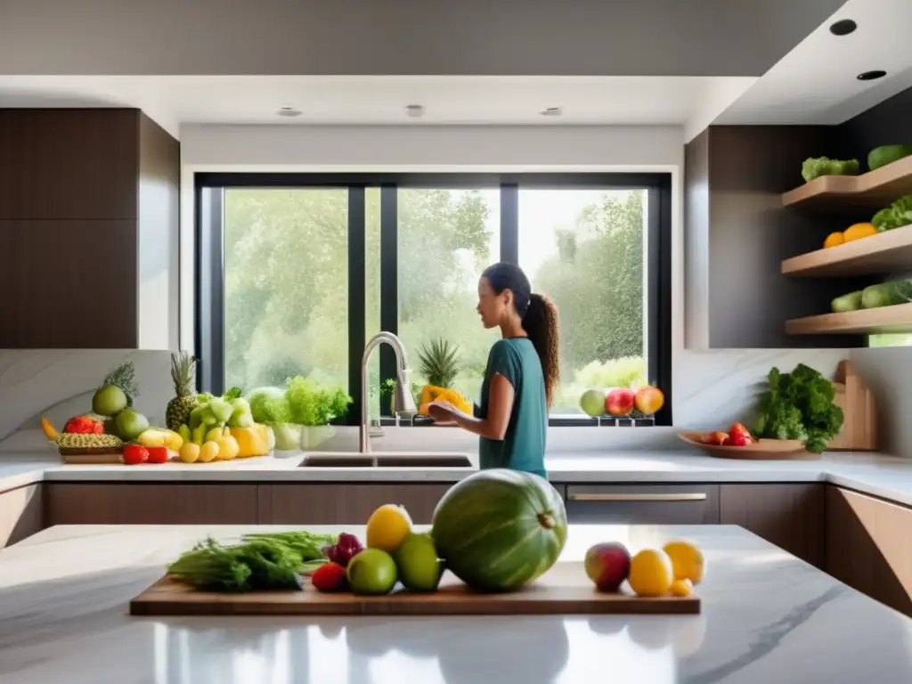 Una cocina moderna y serena con vista a frutas, verduras y granos. <b>Una persona en ropa deportiva vierte agua, transmitiendo calma y propósito.</b> La imagen irradia salud, vitalidad y mindfulness, capturando la esencia de la aplicación práctica del ayuno intermitente para la longevidad.