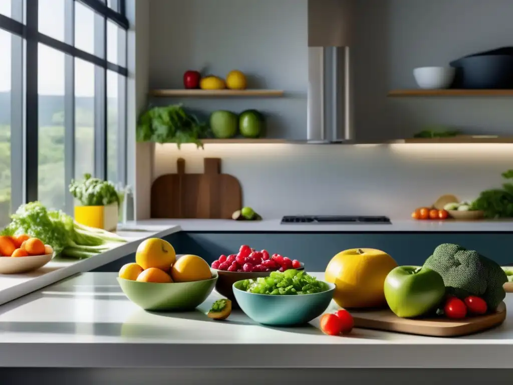 Una cocina moderna y vibrante llena de frutas y verduras coloridas, con luz natural resaltando la frescura de los alimentos. <b>En el fondo, un chef prepara una comida nutritiva.</b> <b>Alimentos saludables para una vida longeva.