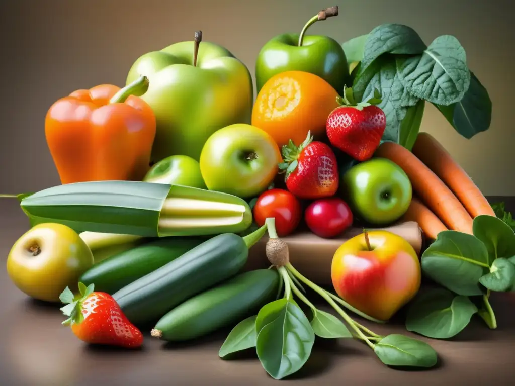 Una colorida y vibrante exhibición de frutas y verduras frescas, resaltando la importancia de la prevención de enfermedades neurodegenerativas.