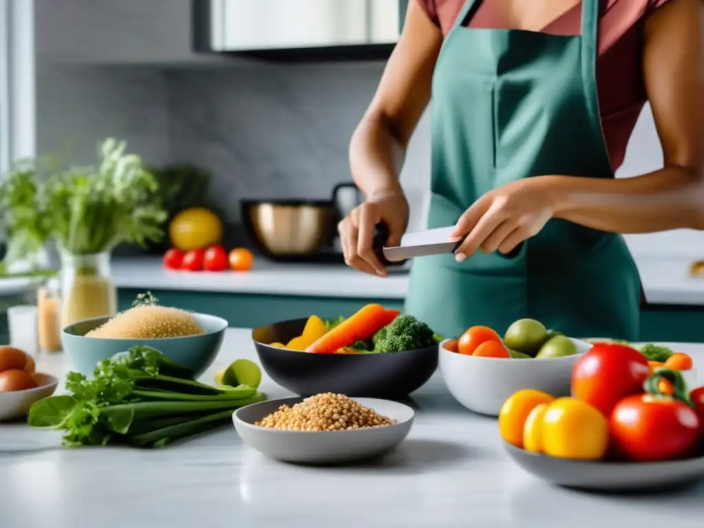 Preparación de comida saludable en cocina contemporánea, enfatizando seguridad y practicidad del ayuno intermitente a largo plazo.