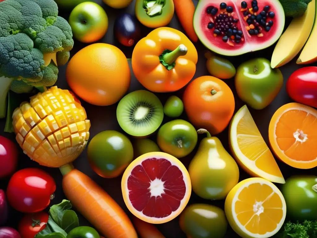 Una composición visualmente impactante de frutas y verduras coloridas resalta la importancia de vitaminas y minerales en longevidad.