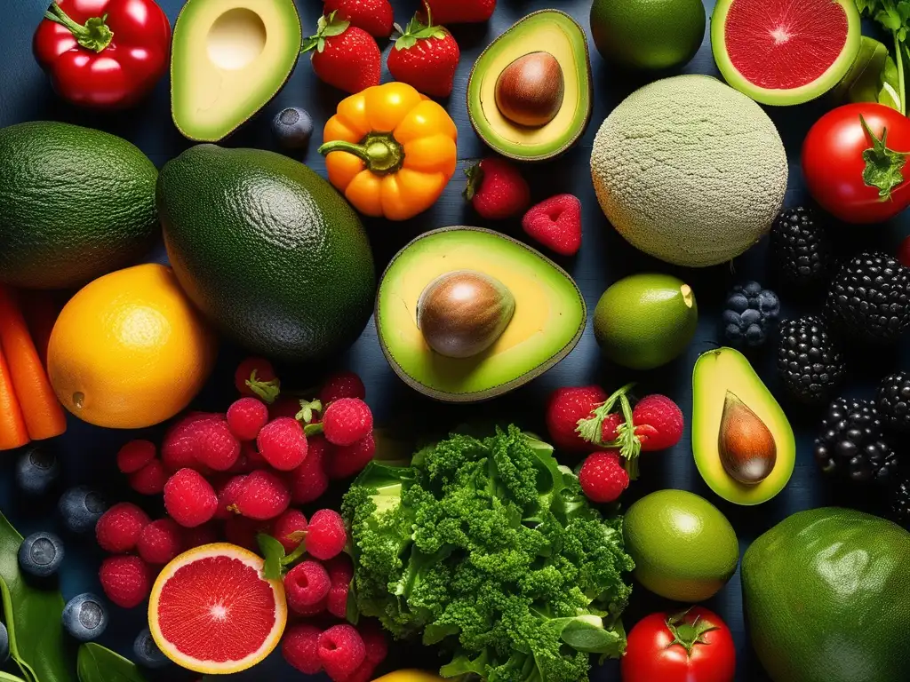 Una composición visualmente impresionante de frutas y verduras frescas, coloridas y vibrantes, evocando salud y vitalidad. <b>Dieta cetogénica longevidad mecanismos.