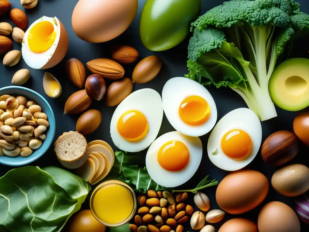 Una composición moderna de alimentos ricos en vitamina B en una imagen detallada y colorida. <b>Importancia vitaminas complejo B en envejecimiento.