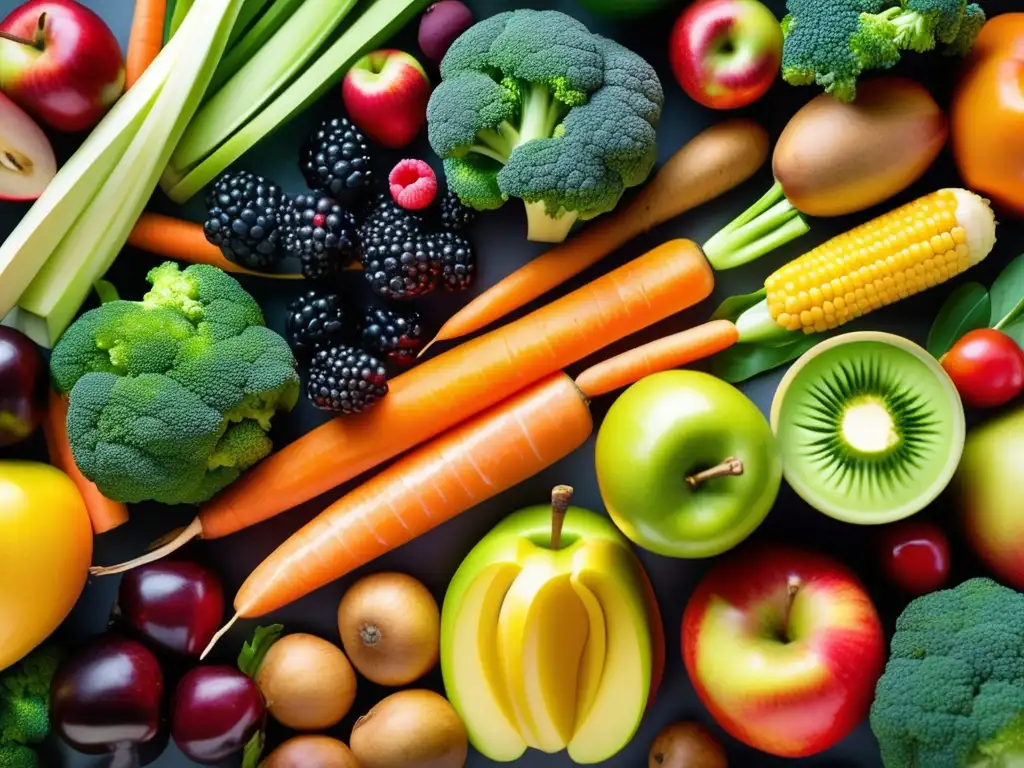 Una composición vibrante de frutas y verduras resalta los beneficios de la fibra dietética.