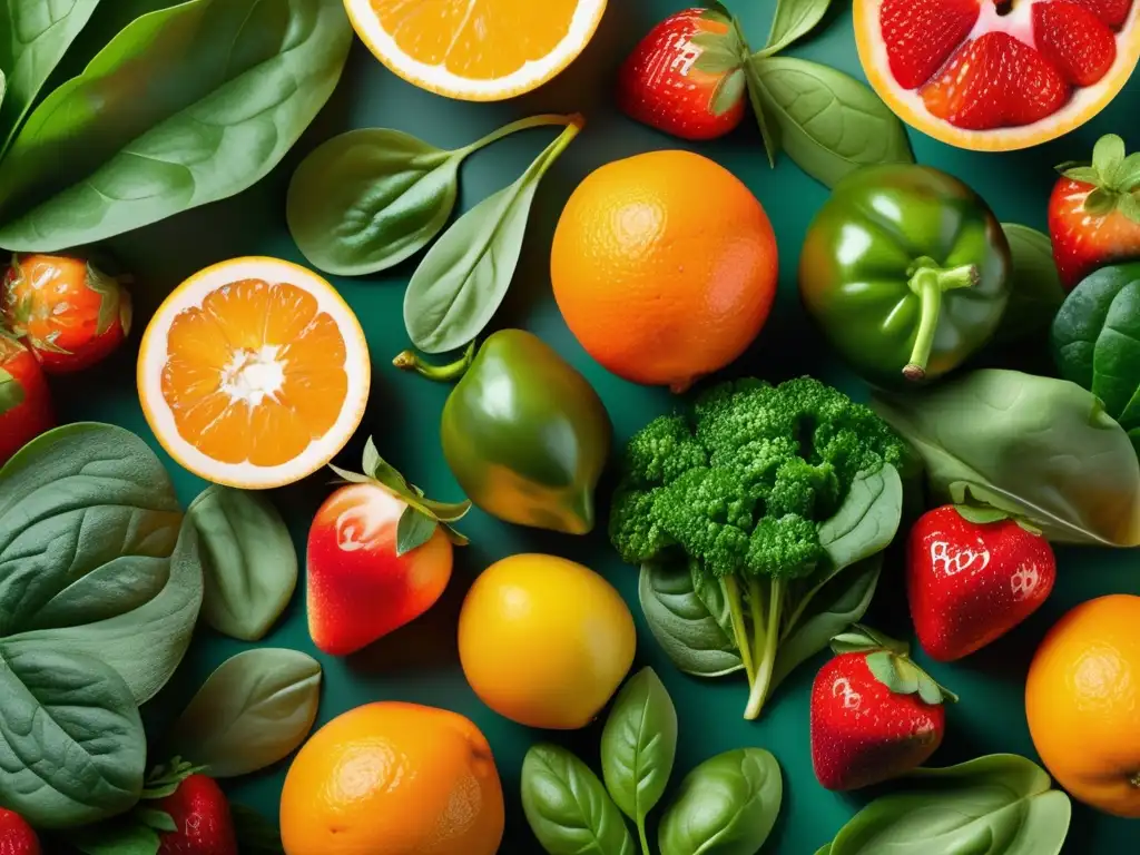 Una composición visual impresionante de frutas y verduras coloridas que resaltan los beneficios de las vitaminas esenciales.