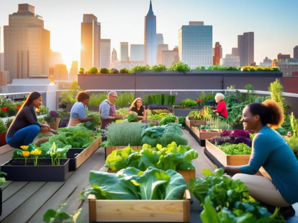 Una comunidad diversa cultiva un animado jardín urbano, irradiando vitalidad y salud con beneficios de agricultura urbana para la longevidad.