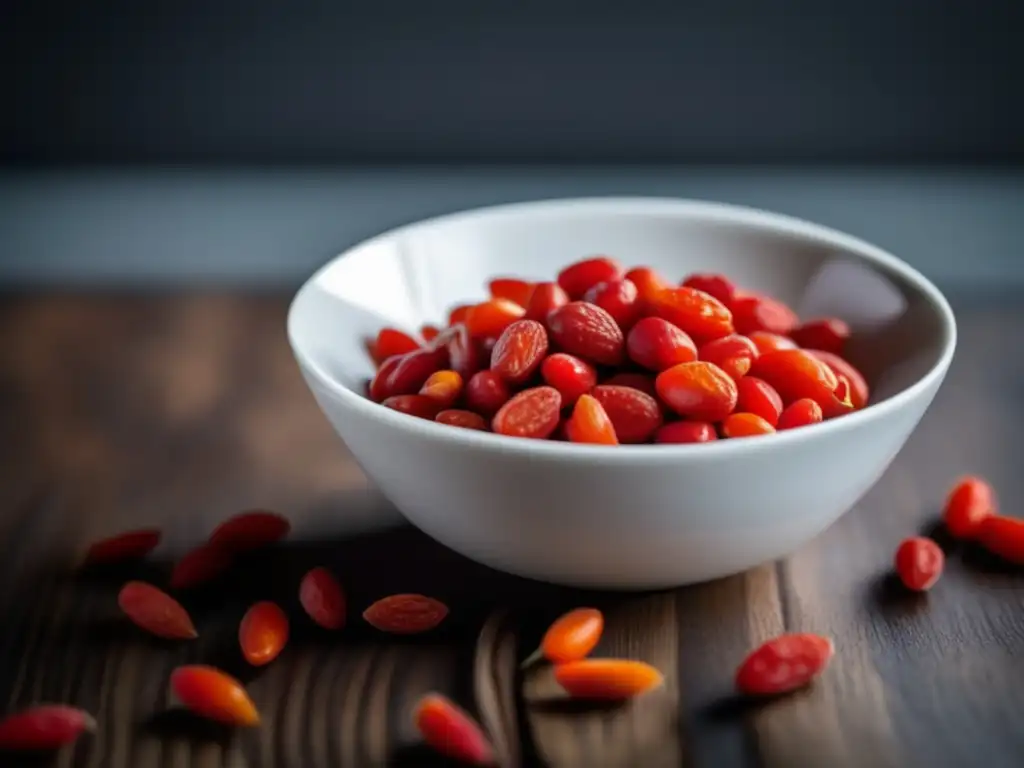 Un cuenco blanco minimalista contiene un puñado de jugosas bayas goji. <b>La escena irradia frescura y salud.</b> <b>Beneficios bayas goji para salud.