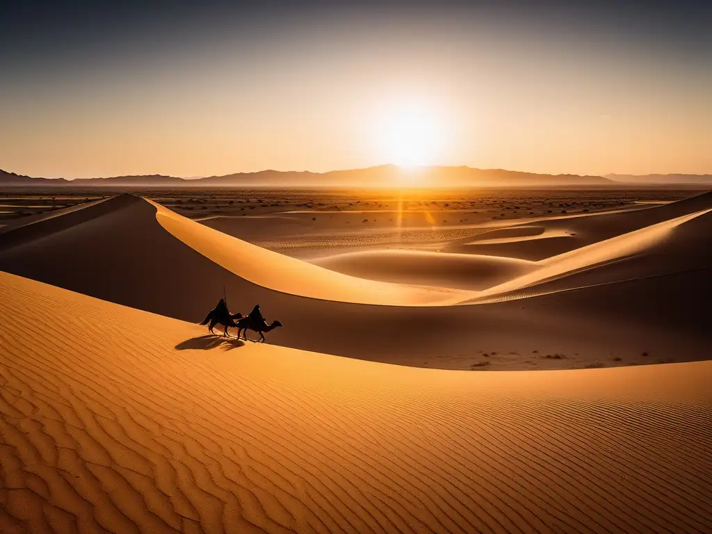 Un desierto árido con un calor radiante y nómadas en el horizonte. <b>Mantener longevidad en migraciones climáticas.