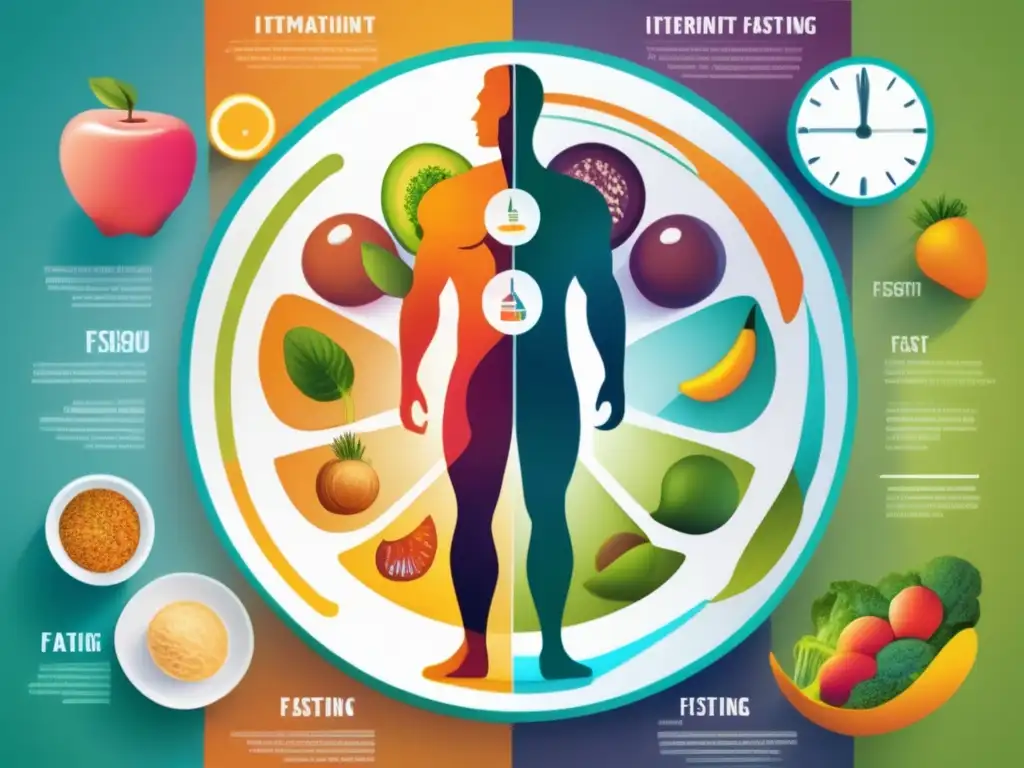 Ilustración detallada del ayuno intermitente y sus beneficios para longevidad, mostrando cambios celulares y metabólicos en el cuerpo humano.