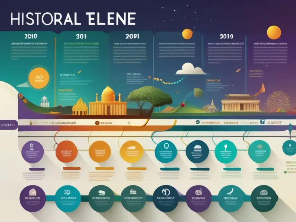 Una ilustración digital de una línea de tiempo histórica, representando factores socioeconómicos que influyen en la longevidad humana. Desde antiguas civilizaciones hasta épocas actuales, refleja la complejidad de las desigualdades socioeconómicas en la historia.