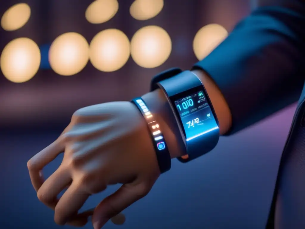 Un dispositivo de salud futurista proyecta datos vitales en holograma. <b>Integra tecnologías vestibles para longevidad saludable.
