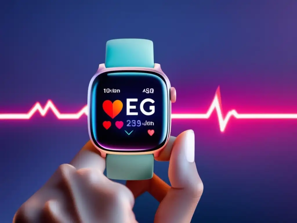 Un elegante smartwatch muestra un vibrante ECG en un fondo minimalista. <b>Innovación en prevención de enfermedades cardíacas con ECG portátil.