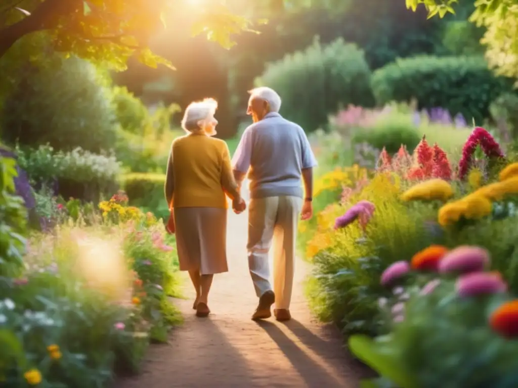 Un encantador paseo de un anciano con su pareja en un jardín vibrante, irradiando felicidad y armonía. <b>Programas bienestar emocional longevidad.