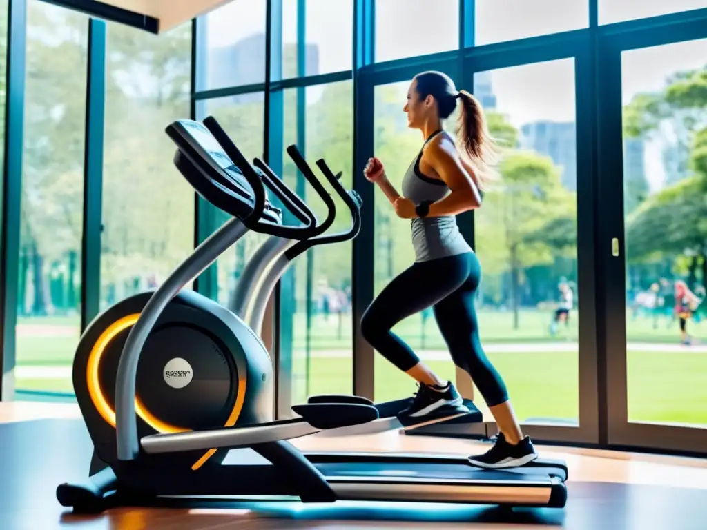 Un entrenador asiste a un adulto mayor en una elíptica en un gimnasio luminoso con ventanas panorámicas. <b>Personas de diferentes edades se ejercitan en el fondo, creando una atmósfera de vitalidad y comunidad.</b> Beneficios de usar elípticas para longevidad.