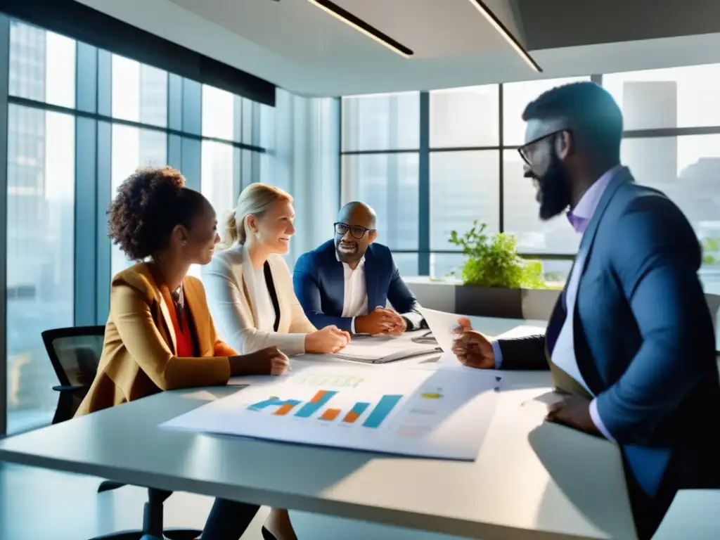 Un equipo diverso de profesionales colabora en una oficina moderna, discutiendo estudios epidemiológicos y factores laborales influencia longevidad. El ambiente irradia trabajo en equipo, innovación y sinergia profesional.