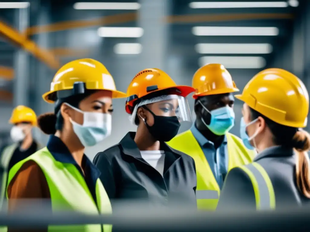 Un equipo diverso de trabajadores con equipo de protección en una moderna instalación industrial, resaltando los riesgos laborales en la longevidad.