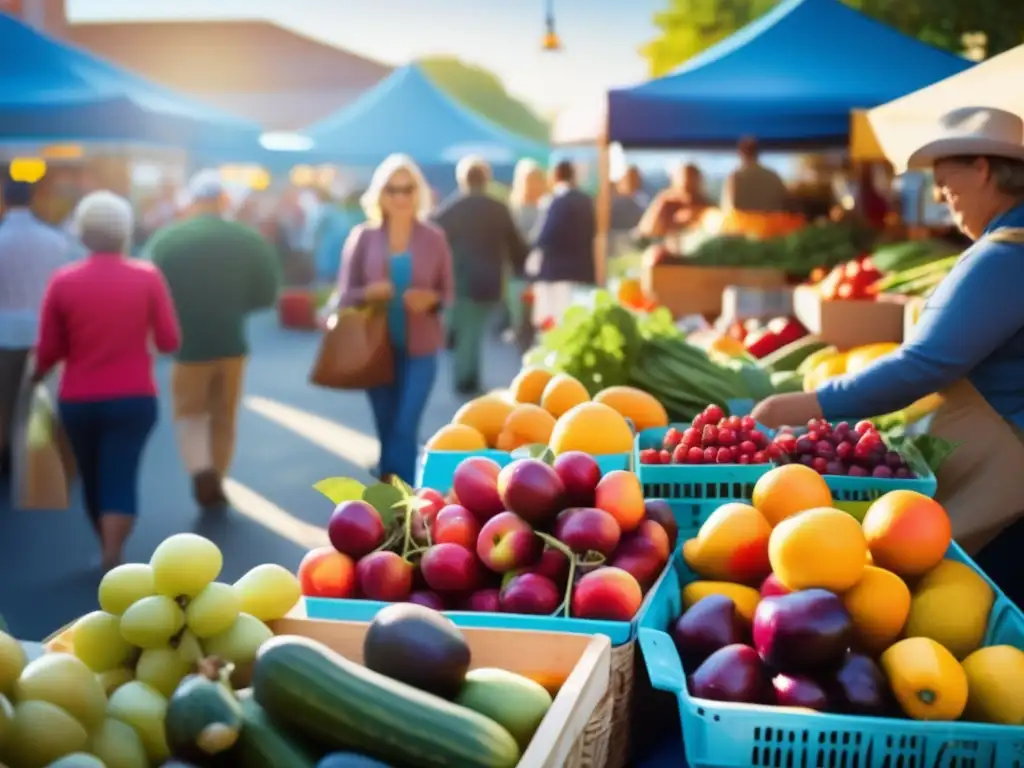 Una escena vibrante de un bullicioso mercado de agricultores en una Zona Azul, rebosante de frutas, verduras y alimentos locales coloridos. <b>La luz del sol brinda calidez a la escena, mientras las personas transmiten vitalidad y comunidad.</b> <b>Alimentación para longevidad en zonas azules.