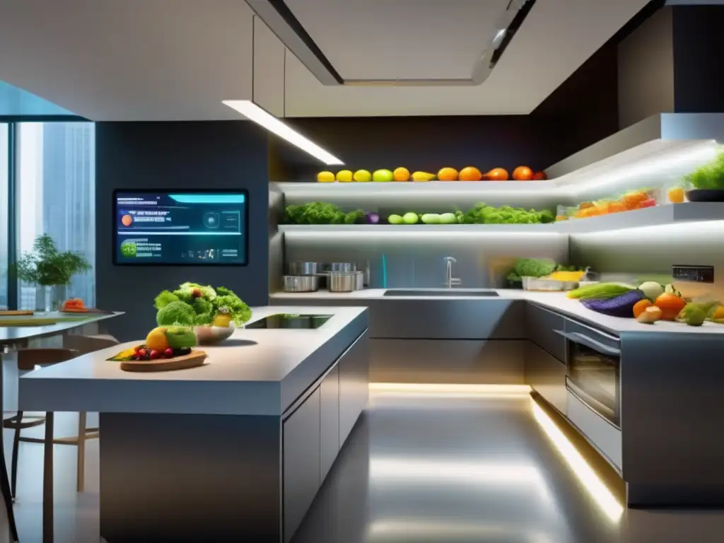 Un escenario futurista en una cocina con diseño minimalista, equipo de cocina avanzado y estantes llenos de frutas y verduras orgánicas. Un holograma muestra información nutricional detallada y planes de comidas personalizados, mientras un grupo diverso de individuos en batas de laboratorio y delantales de chef colaboran