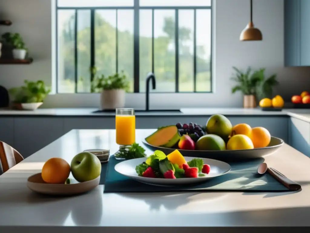 Un escenario sereno y moderno de cocina con una mesa minimalista lista para una comida saludable de ayuno intermitente, con frutas y verduras vibrantes. La luz natural ilumina la escena, creando una atmósfera cálida que evoca los beneficios del ayuno intermitente para reducir el estrés