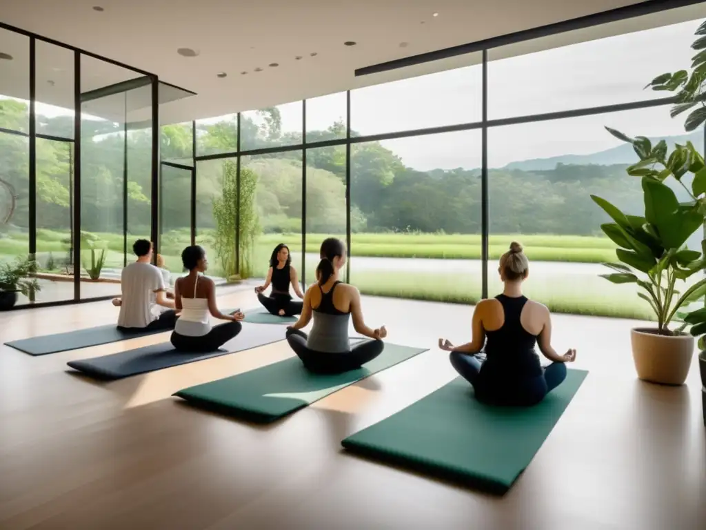 Un espacio moderno y sereno con grandes ventanas que dan a un paisaje verde. <b>Personas practicando yoga rodeadas de plantas y tonos neutros.</b> <b>Programas de bienestar enfoque holístico.