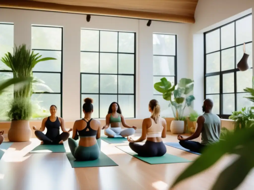 Un espacio moderno y sereno con talleres de regeneración corporal envejecimiento. Grupo diverso practica yoga en un ambiente calmado y revitalizante.