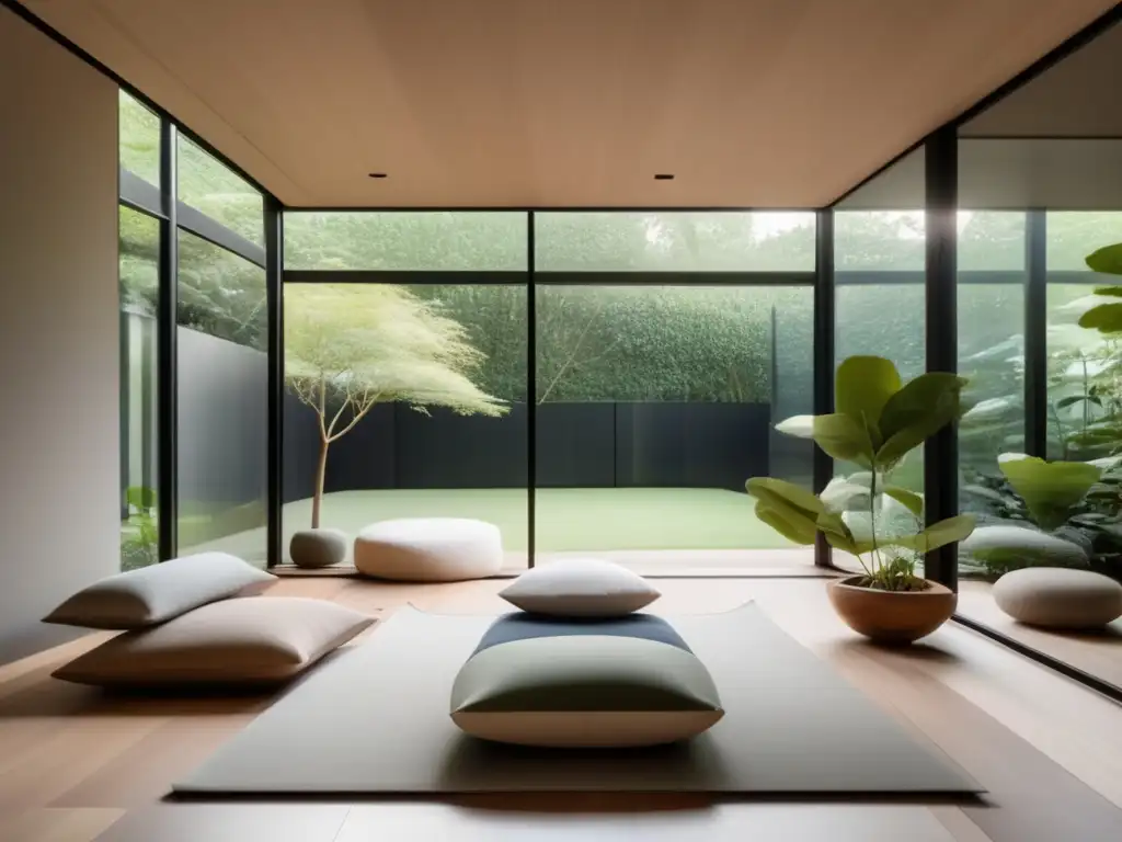 Un espacio de meditación moderno y sereno con vista a un jardín tranquilo. <b>Decoración minimalista, luz natural, asiento de meditación y arte inspirador.</b> Búsqueda de la inmortalidad mindfulness.