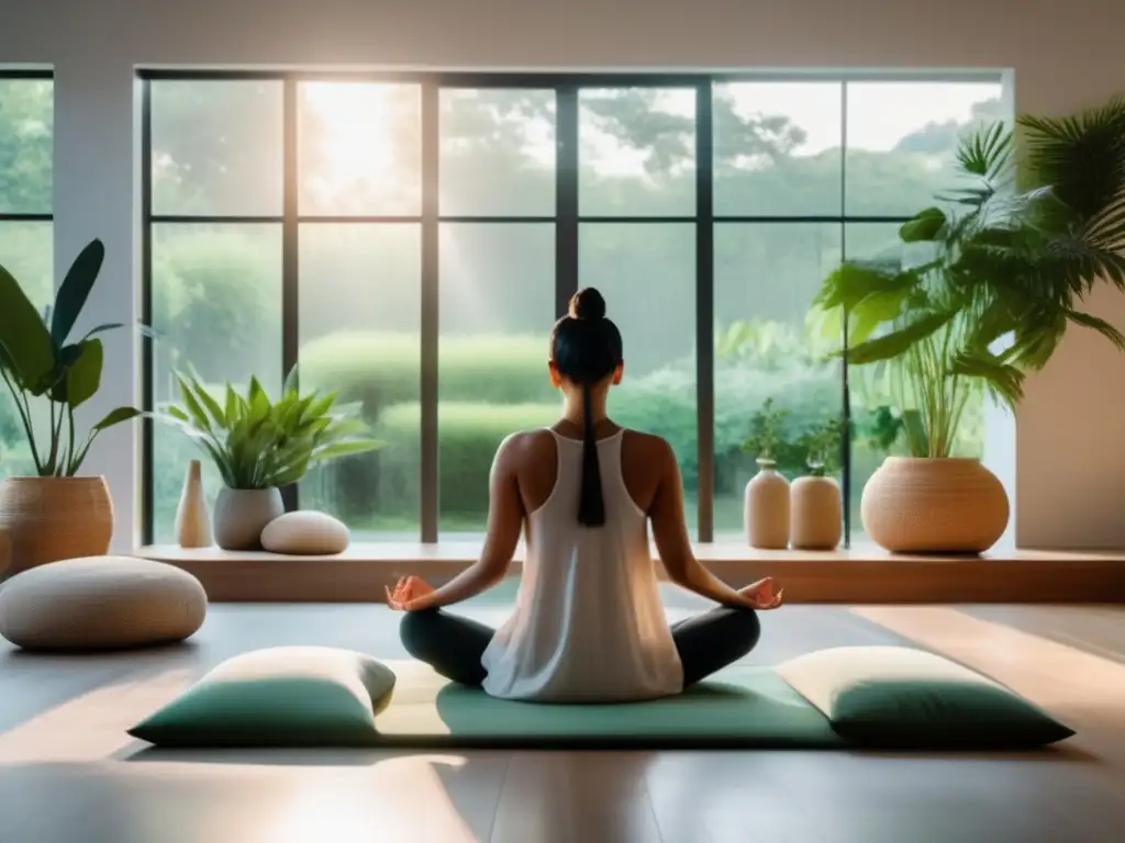 Un espacio de meditación moderno y sereno con vista a un jardín tranquilo. <b>Programas de meditación para longevidad.