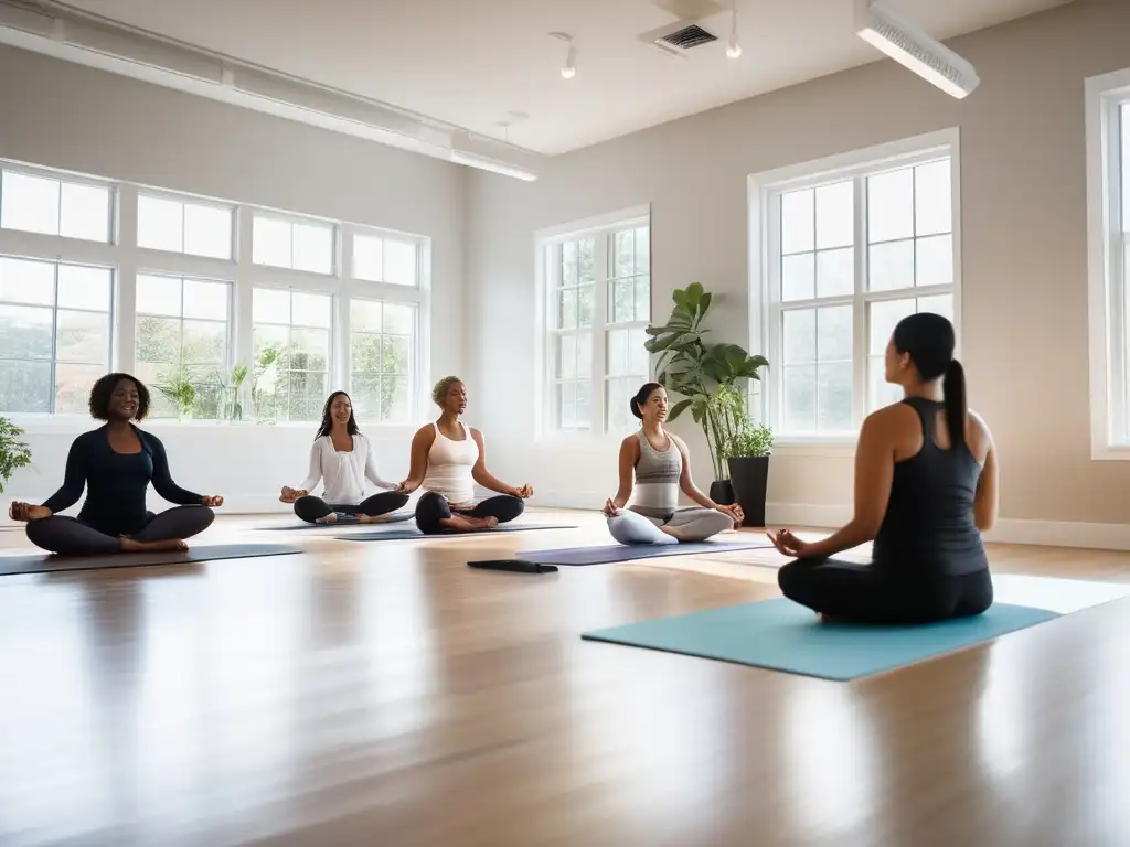 Un espacio moderno y tranquilo con luz natural, donde se fomenta la rutina diaria para longevidad saludable con yoga, meditación y comida sana.