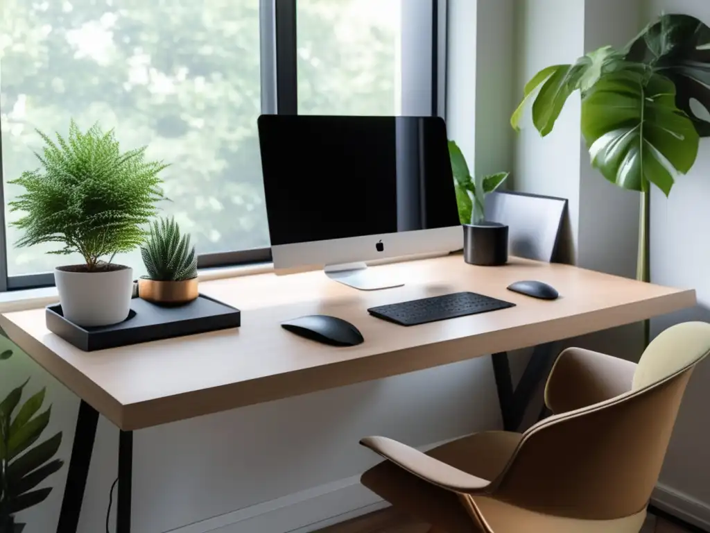 Un espacio de trabajo sereno y minimalista con una computadora moderna, rodeado de plantas verdes. <b>Representa programas de bienestar para reducir estrés tecnológico.