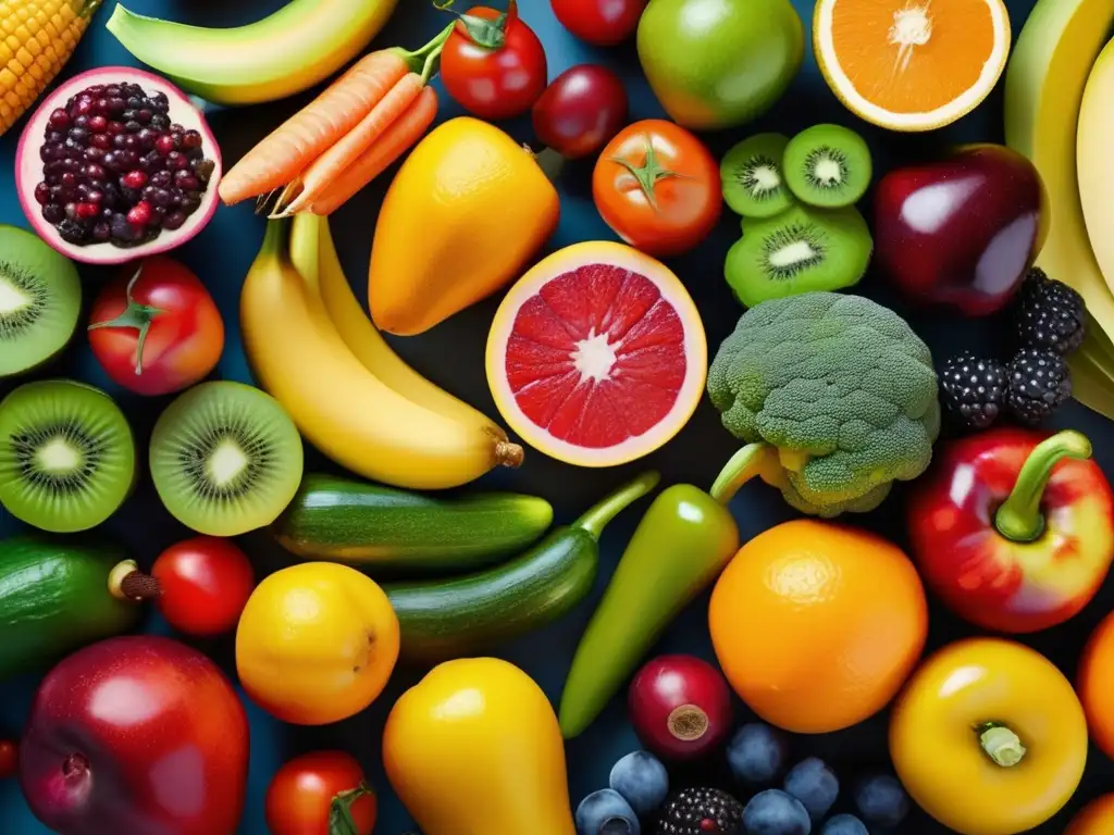 Un estallido de color con frutas y verduras, un recordatorio visual de la importancia de los antioxidantes para la longevidad saludable.