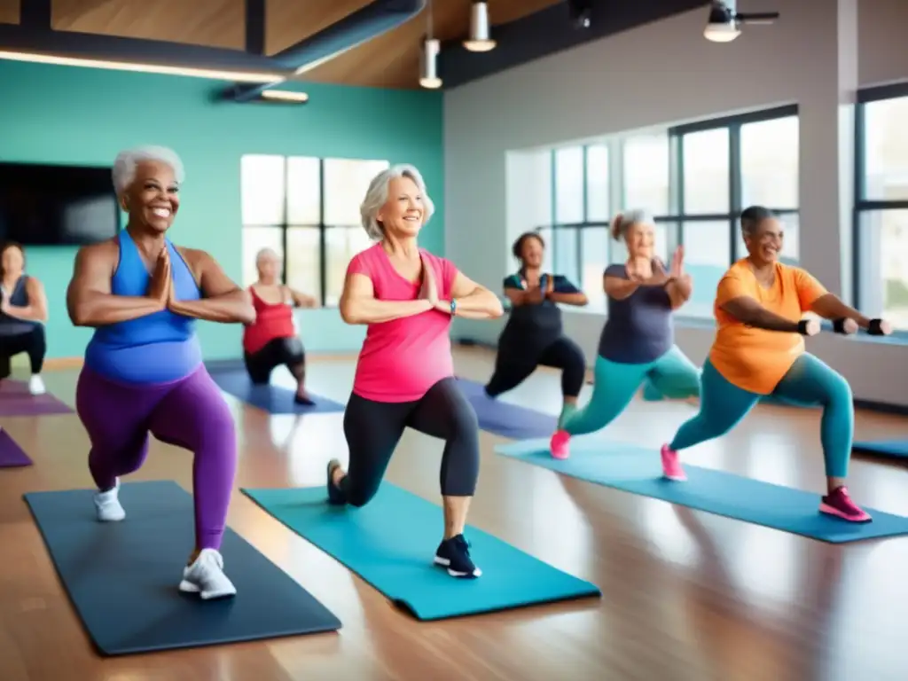 Un estudio fitness moderno lleno de luz natural y equipamiento de vanguardia. Adultos mayores realizan variadas actividades físicas, desde yoga hasta levantamiento de pesas. <b>Un entrenador ayuda a un adulto mayor con estiramientos.</b> <b>Actividades grupales animadas.</b> Reflexiona las últimas investigaciones ejercicio envejecimiento con un en