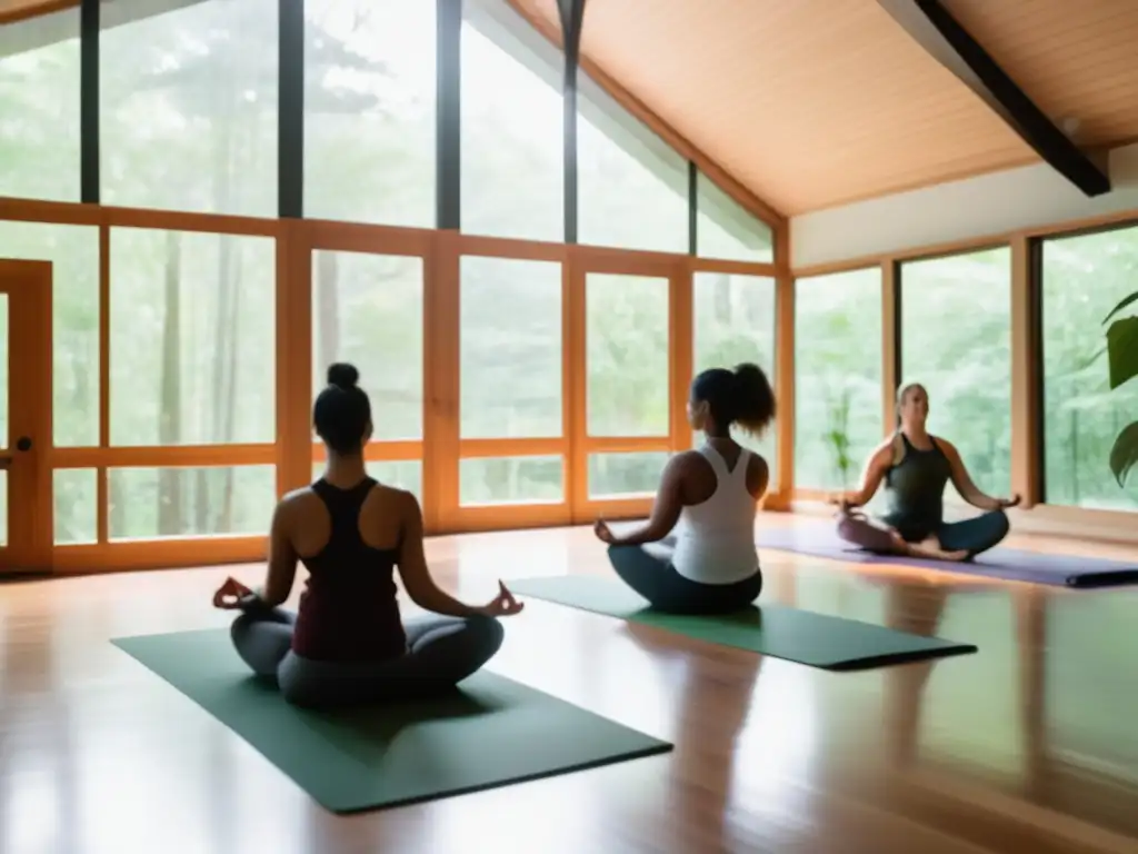 Un estudio de yoga moderno y sereno con vista a un bosque verde. <b>Personas diversas practican yoga en un ambiente tranquilo.</b> <b>Retiros de Yoga para la Longevidad.