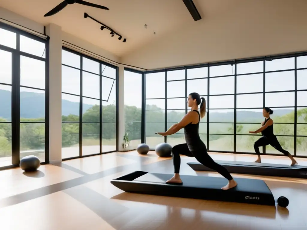 Un estudio de Pilates moderno con grandes ventanas que dan a un sereno paisaje natural. <b>Lleno de luz natural, con suelos y equipos de Pilates en tonos neutros.</b> Un instructor guía a una diversa clase a través de movimientos precisos, irradiando fuerza, enfoque y tranquilidad. Una atmós