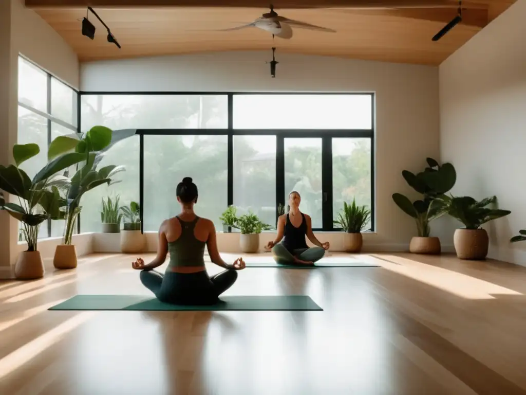 Un estudio de yoga sereno y minimalista con luz natural iluminando el espacio, donde las personas practican yoga y meditación en un ambiente armonioso y tranquilo. <b>Programas de bienestar enfoque holístico.