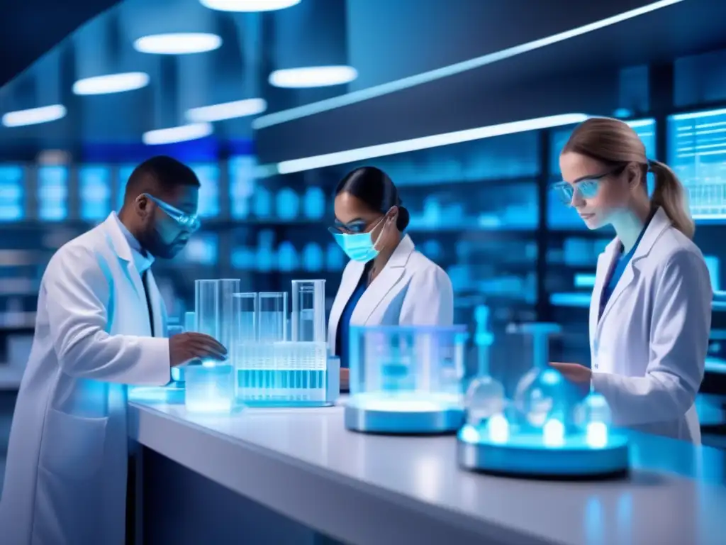 Imagen de laboratorio futurista con científicos y senolíticos