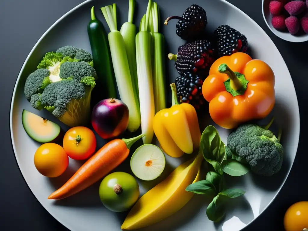 Una explosión de colores y texturas en una composición de frutas y verduras sobre un plato cerámico. La diversidad y abundancia de la naturaleza en un efecto casi caleidoscópico.