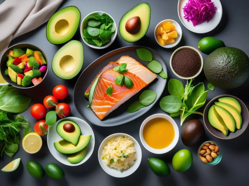 Una exquisita comida cetogénica en una moderna mesa, iluminada suavemente. Destaca la diversidad y atractivo de la dieta cetogénica longevidad mecanismos.