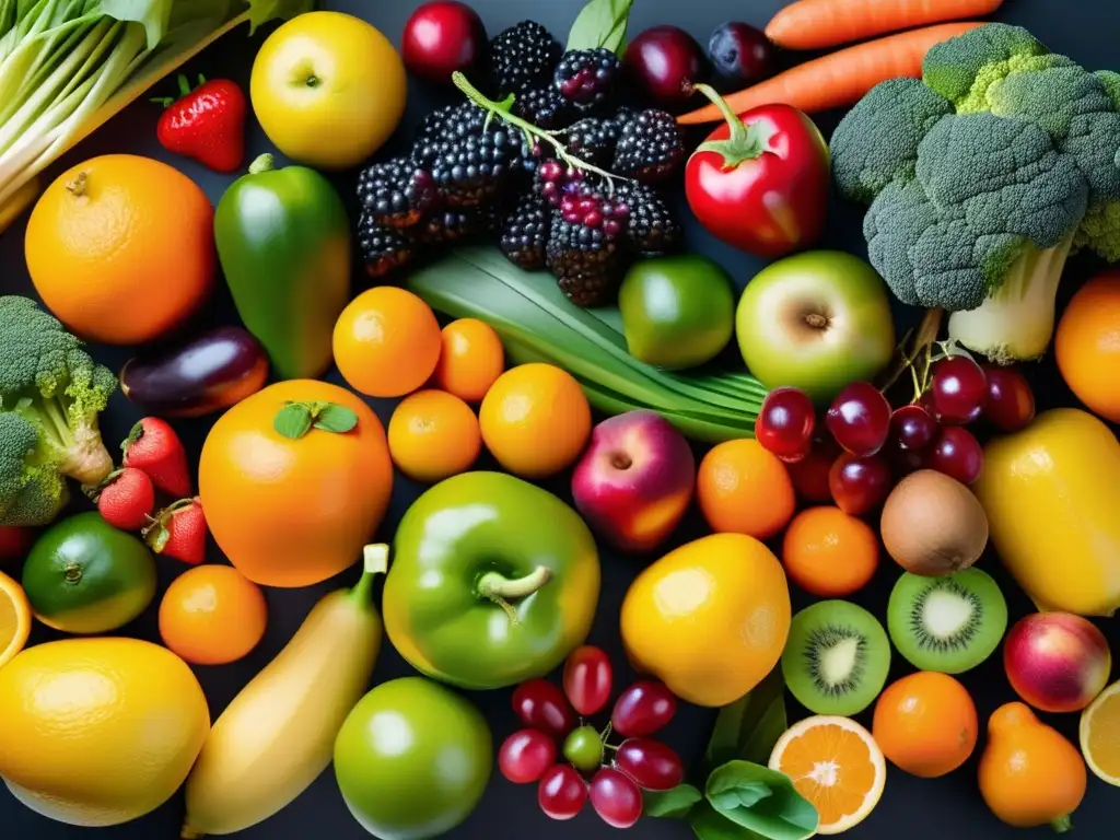 Exquisita variedad de frutas y verduras en alta definición Una exquisita exhibición de frutas y verduras coloridas resalta su frescura y vitalidad, evocando los beneficios de probióticos y prebióticos para la longevidad.