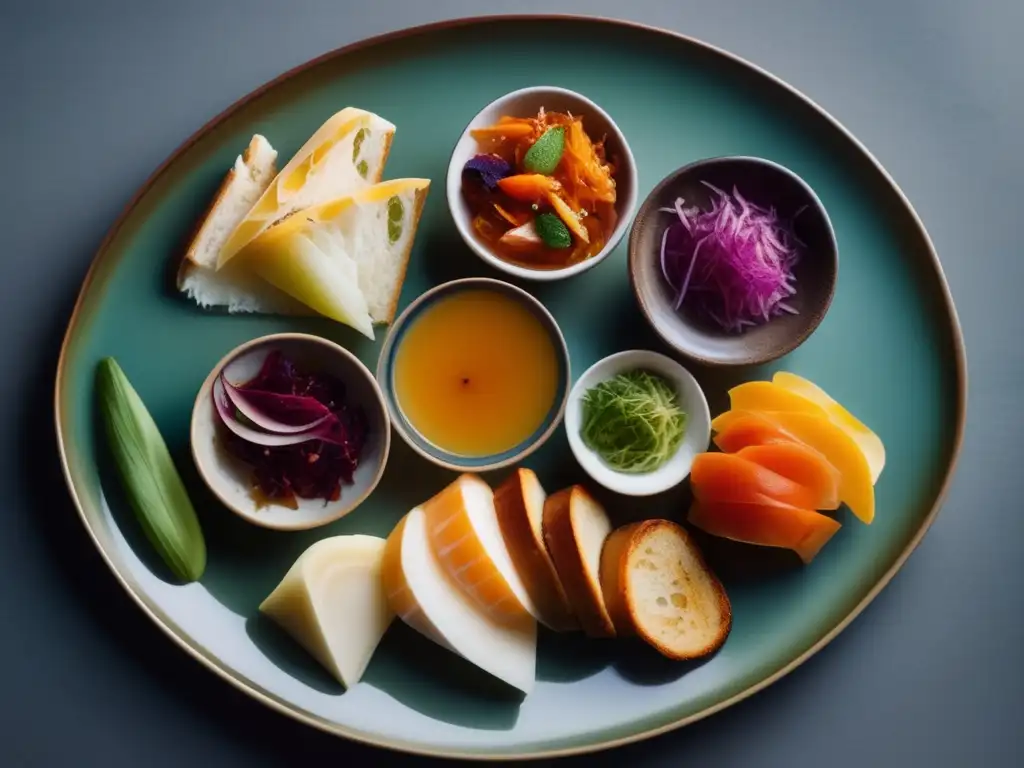 Una exquisita variedad de alimentos fermentados en un plato de cerámica moderno, mostrando la diversidad y vitalidad de estos alimentos probióticos.