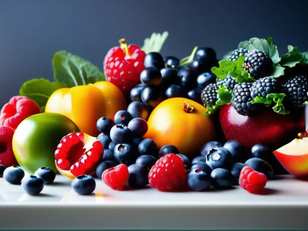 Una exquisita variedad de frutas y verduras ricas en antioxidantes, dispuestas en una encimera de cocina moderna, exudando salud y vitalidad para frenar el envejecimiento.