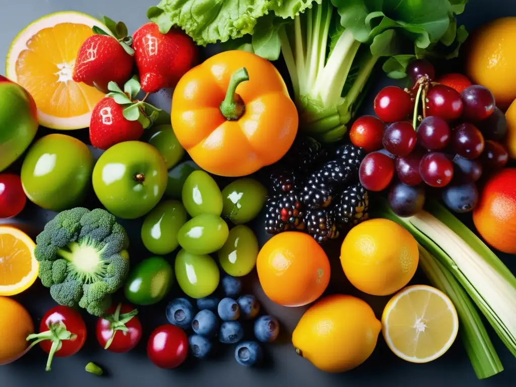 Un exquisito arreglo de frutas y verduras coloridas en una encimera de cocina moderna. <b>Microbioma equilibrado para longevidad.