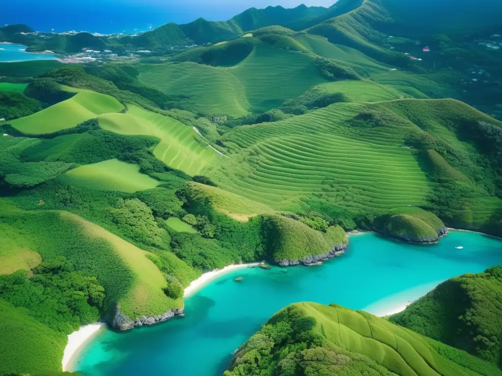 La exuberante belleza de Okinawa, Japón, con sus verdes colinas, aguas azules y techos rojos, refleja la dieta longevidad de la región.